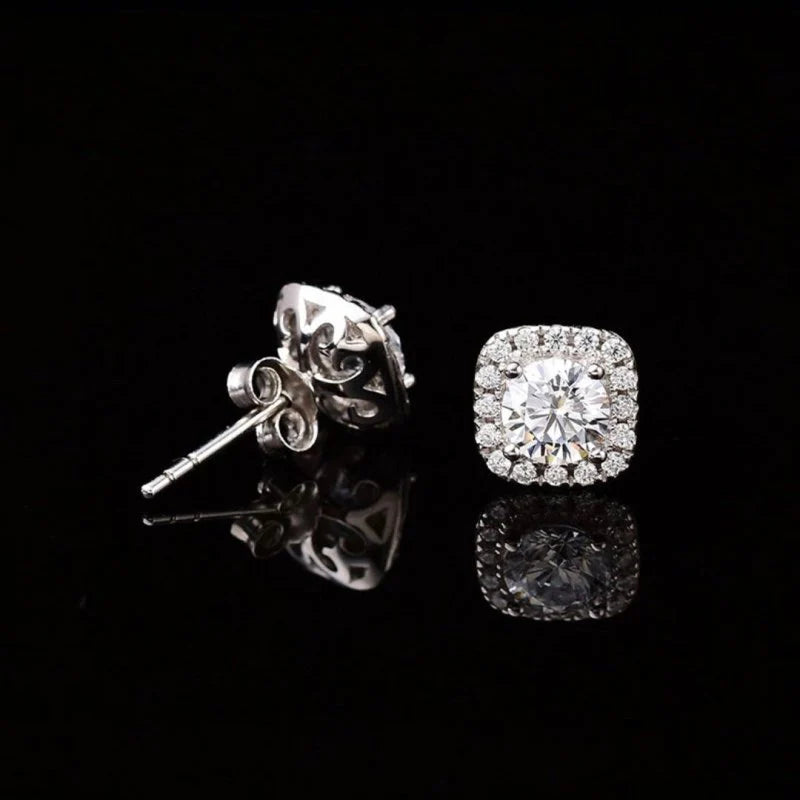 VVS Halo Moissanite Stud Earrings – Cushion Frame