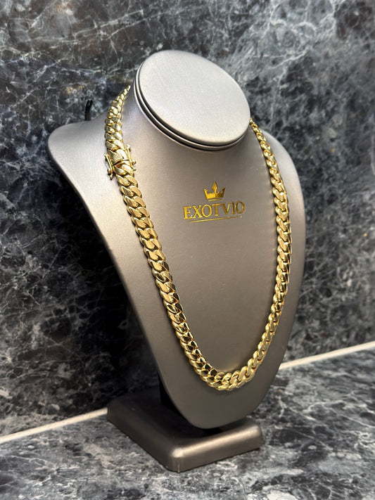 Exotvio 12mm Miami Cuban Link Chain in Real 14K Gold Bonded finish - angled view