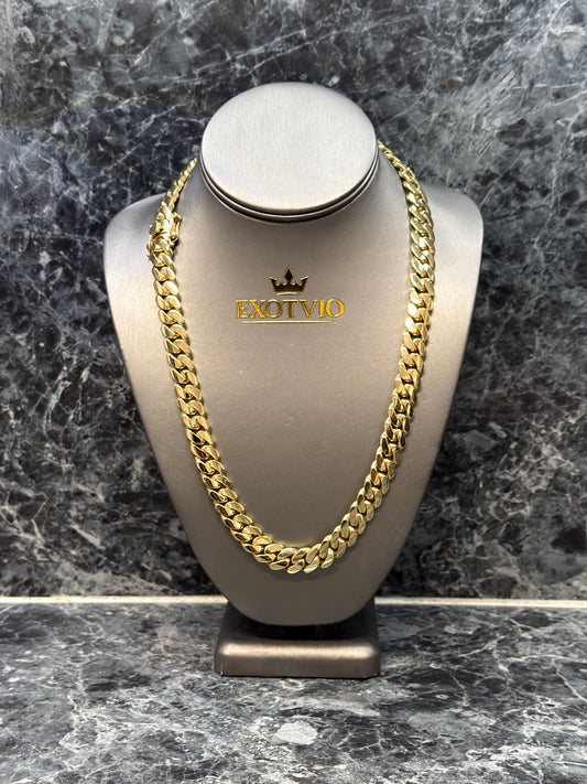 Exotvio 12mm Miami Cuban Link Chain in Real 14K Gold Bonded finish - front view