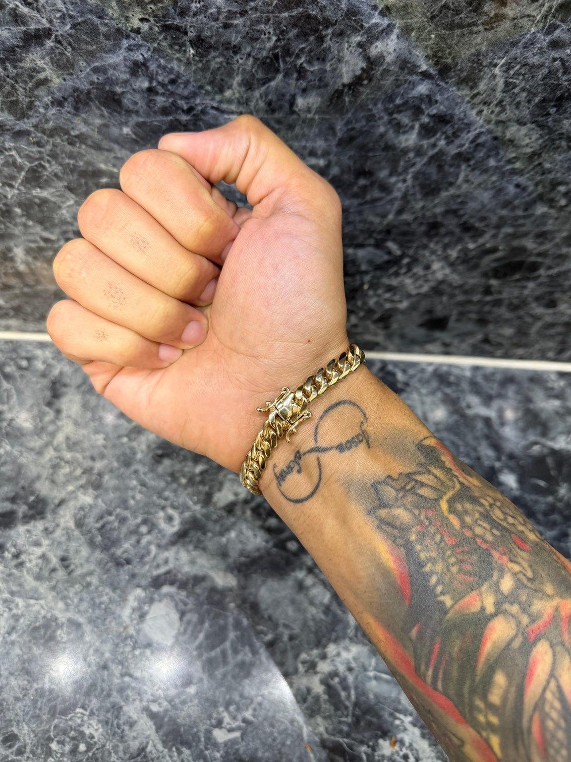 Exotvio 8mm Heavy 14K Gold Bonded Miami Cuban bracelet clasp detail