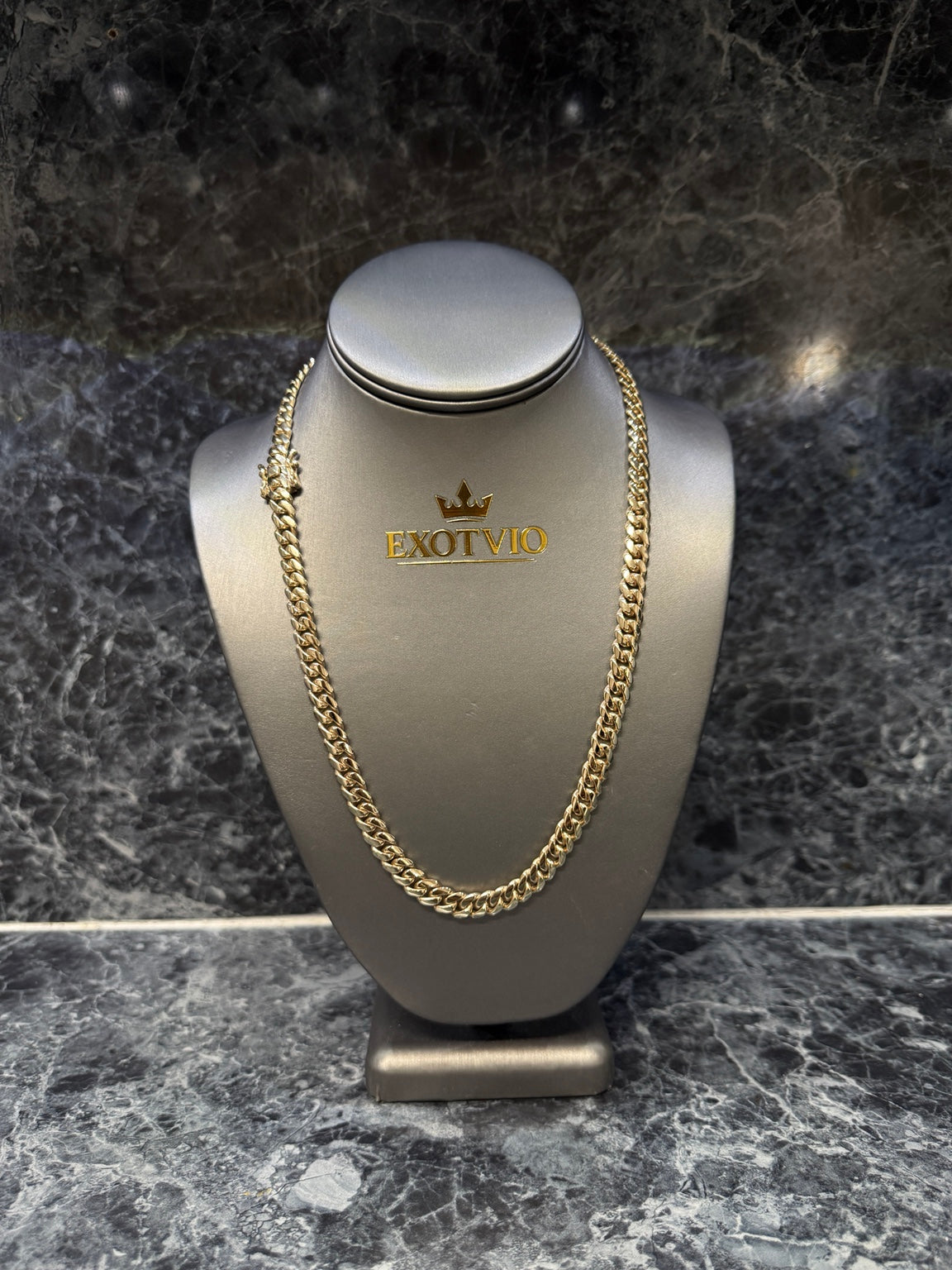 Exotvio 8mm Miami Cuban link chain handmade in .999 silver with Heavy 14K Gold Bonded finish.