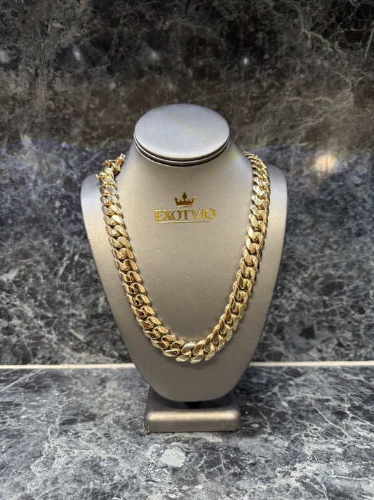 Exotvio 14mm Miami Cuban link chain handmade in .999 silver with Heavy 14K Gold Bonded finish.